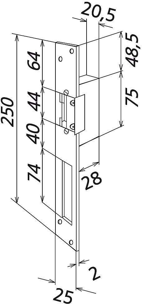 Technische tekening van een deurslot met afmetingen: hoogte 250 mm, breedte 25 mm, diepte 20,5 mm. Overige gemarkeerde lengtes: 74, 40, 44, 64, 28, 75, 48,5 mm.