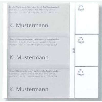 Een wit belplaatje met vier naamknoppen, allemaal voorzien van 'K. Mustermann'. Elke knop bevat een belletjessymbool.