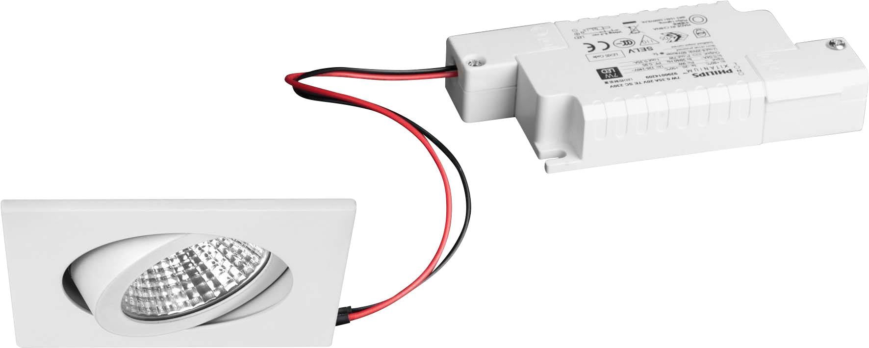 Vierkante LED-spot met externe driver, verbonden door rode en zwarte kabels, geschikt voor plafondmontage.