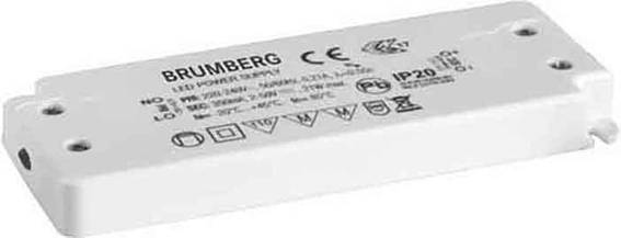 Rechthoekige witte LED-voeding van Brumberg met technische specificaties en symbolen voor stroomvoorziening en beschermingsgraad IP20.