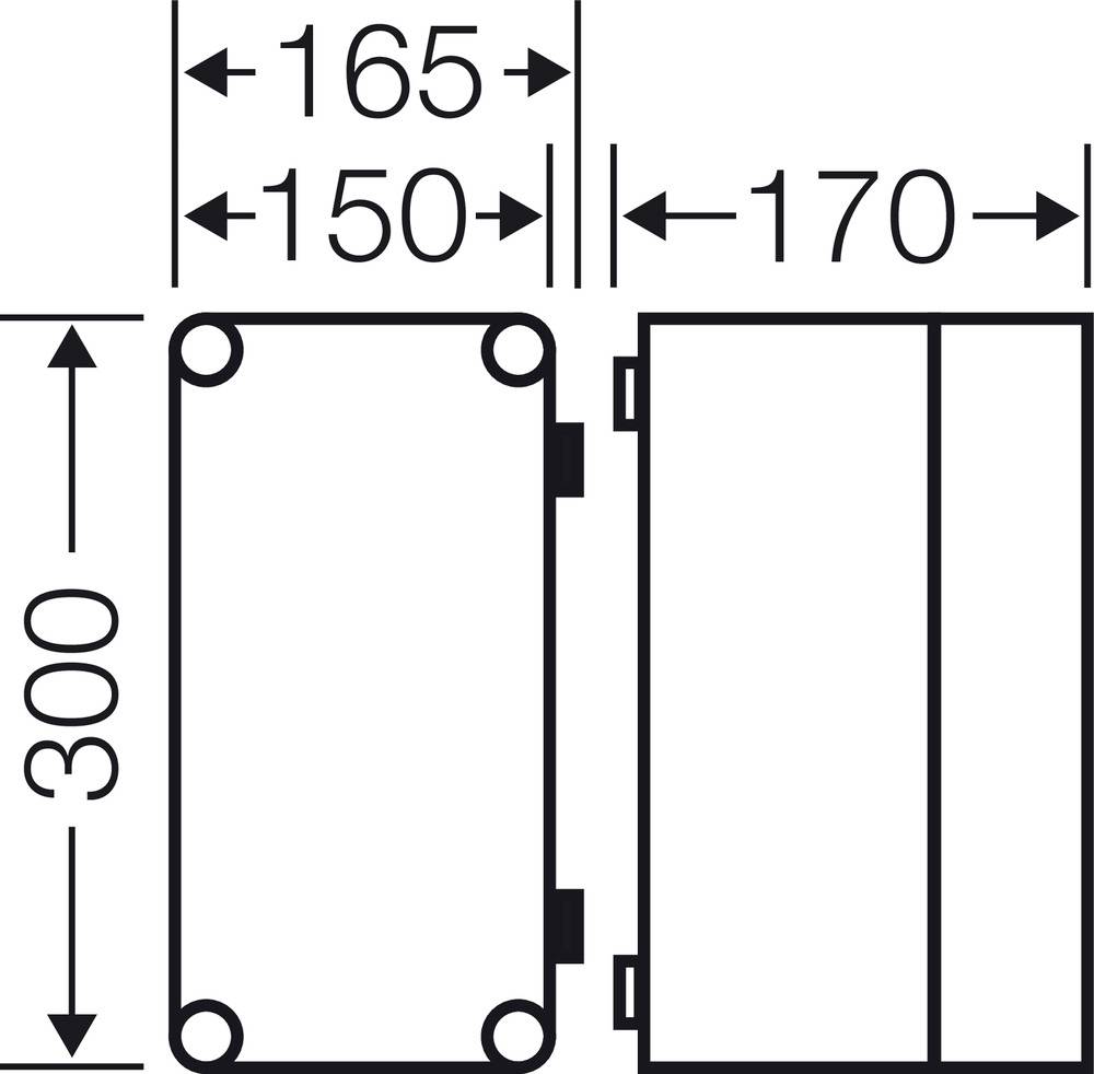 Tekening van een rechthoekige doos met de afmetingen: breedte 165 mm, hoogte 300 mm, lengte 170 mm. Aanvullende maatlijn toont 150 mm.