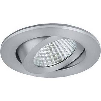 Ronde, zilveren plafondlamp met heldere glazen inzetstuk en gerasterd ontwerp, ingebouwd in het plafond.