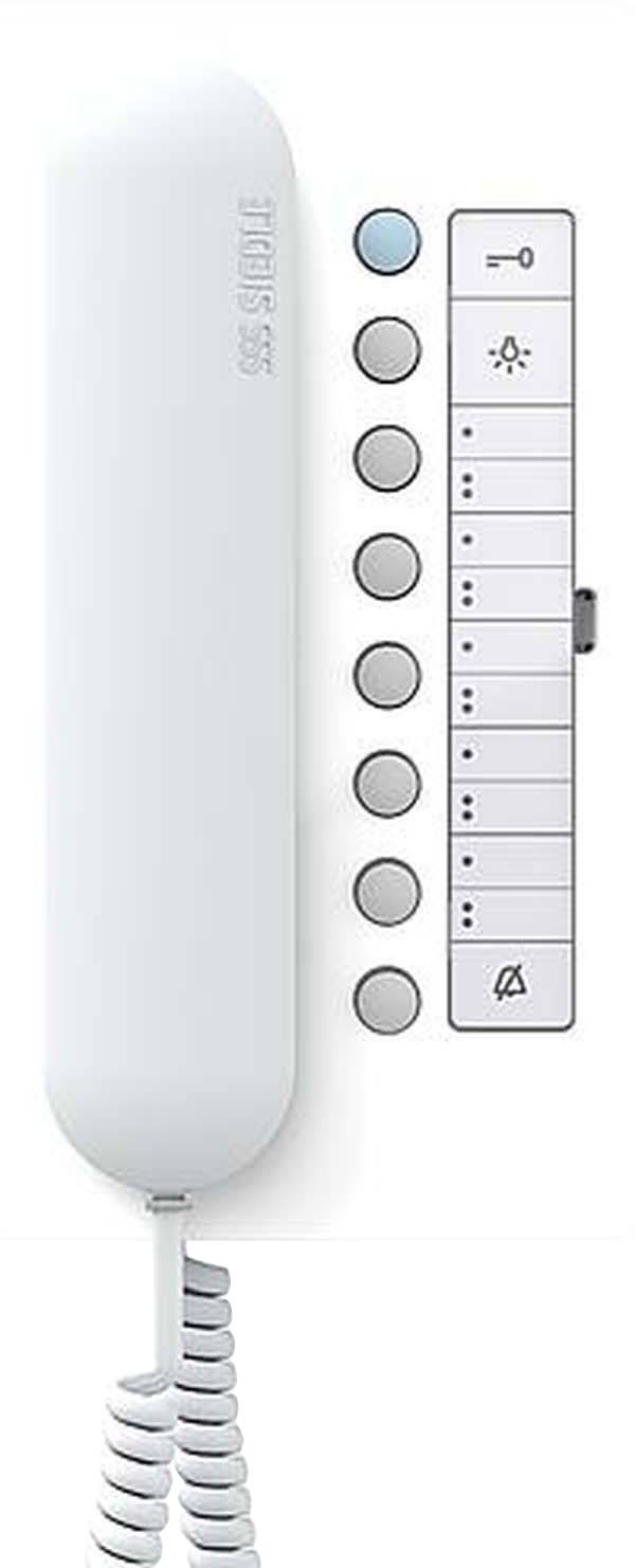 Een snoergebonden telefoon met negen toetsen aan de zijkant, waaronder een beltoets, een LED-display en een volumeregelaar.