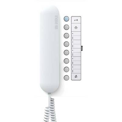 Een snoergebonden telefoon met negen toetsen aan de zijkant, waaronder een beltoets, een LED-display en een volumeregelaar.