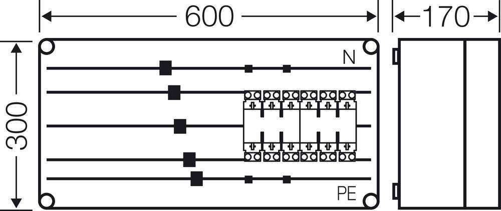 Bouwplan van een elektrische schakelkast met zeven verticale verbindingen, drie schakelaars, 'N' en 'PE'. Afmetingen: 600 x 300 x 170 mm.