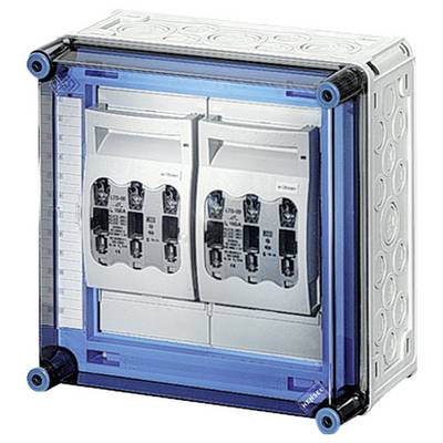 Elektrische schakelkast met transparante blauwe deksel, twee beveiligingsschakelaars aan de binnenzijde, geschikt voor industriële besturingen.