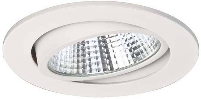 Ronde, verzonken plafondlamp met een reflecterende, zilveren binnenzijde. Helder design voor moderne interieurs.