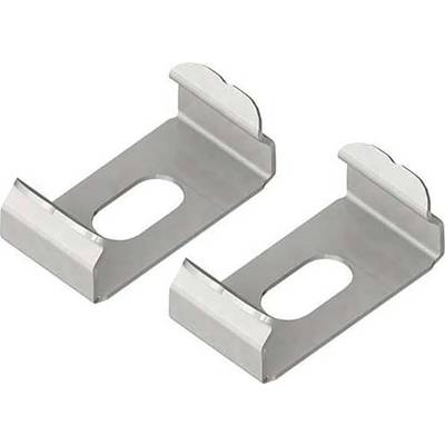 Twee zilveren metalen klemmen naast elkaar, identiek in vorm, met een rechthoekige basis en een ovaal gat in het midden.