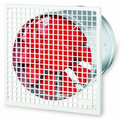 Rode ventilator met beschermrooster in een vierkante lijst.