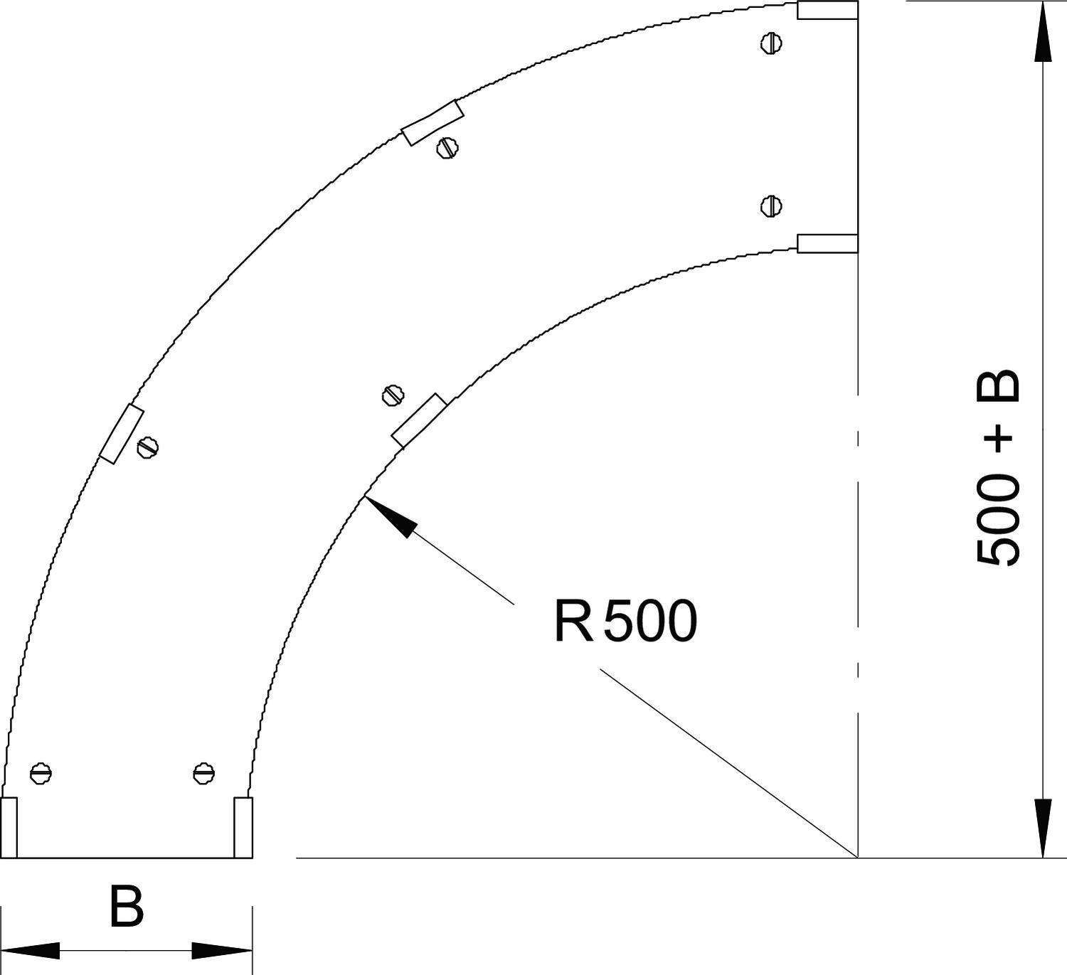 Diagram van een kwartcirkelboog met straal 'R500'. De hoogte is '500 + B', de breedte 'B'. Schroefposities zijn gemarkeerd.