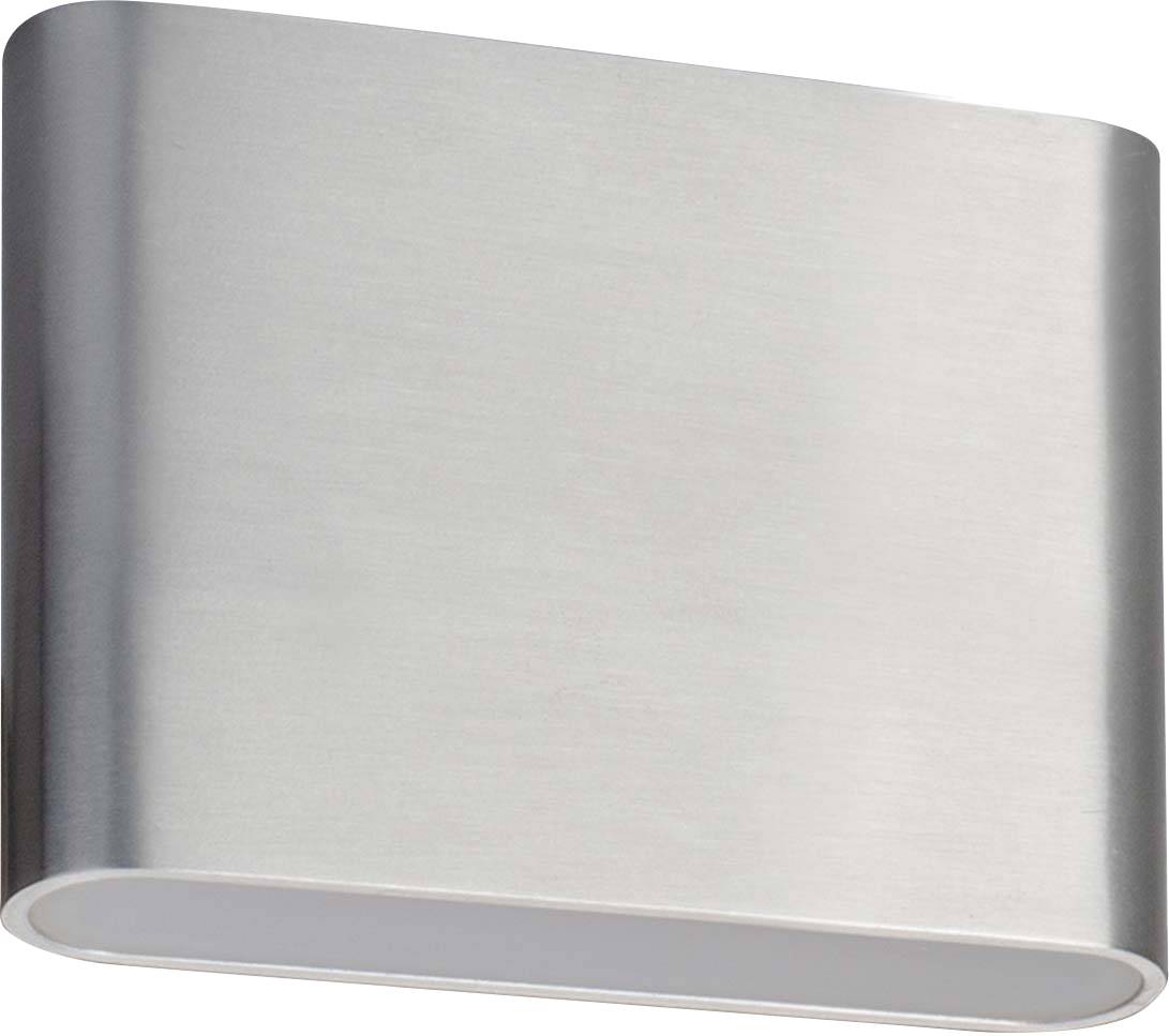 Wandlamp van metaal in geborstelde roestvrij staaluitvoering, rechthoekige vorm met afgeronde randen, strak modern design.