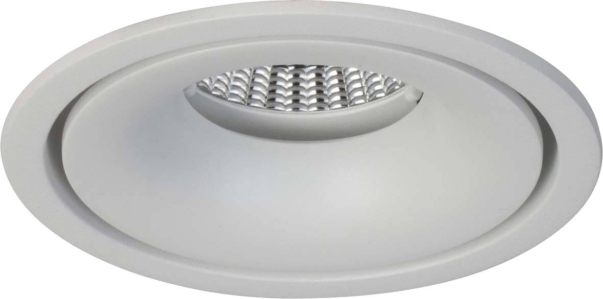 Ronde, witte inbouwspot met zichtbare LED-verlichting, geschikt voor moderne plafondinstallaties.