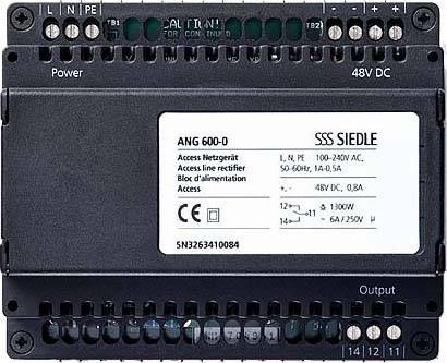 Centrale voedingseenheid van het merk SSS Siedle, model ANG 600-0, met technische specificaties in het midden van het apparaat, 48V DC uitgang.