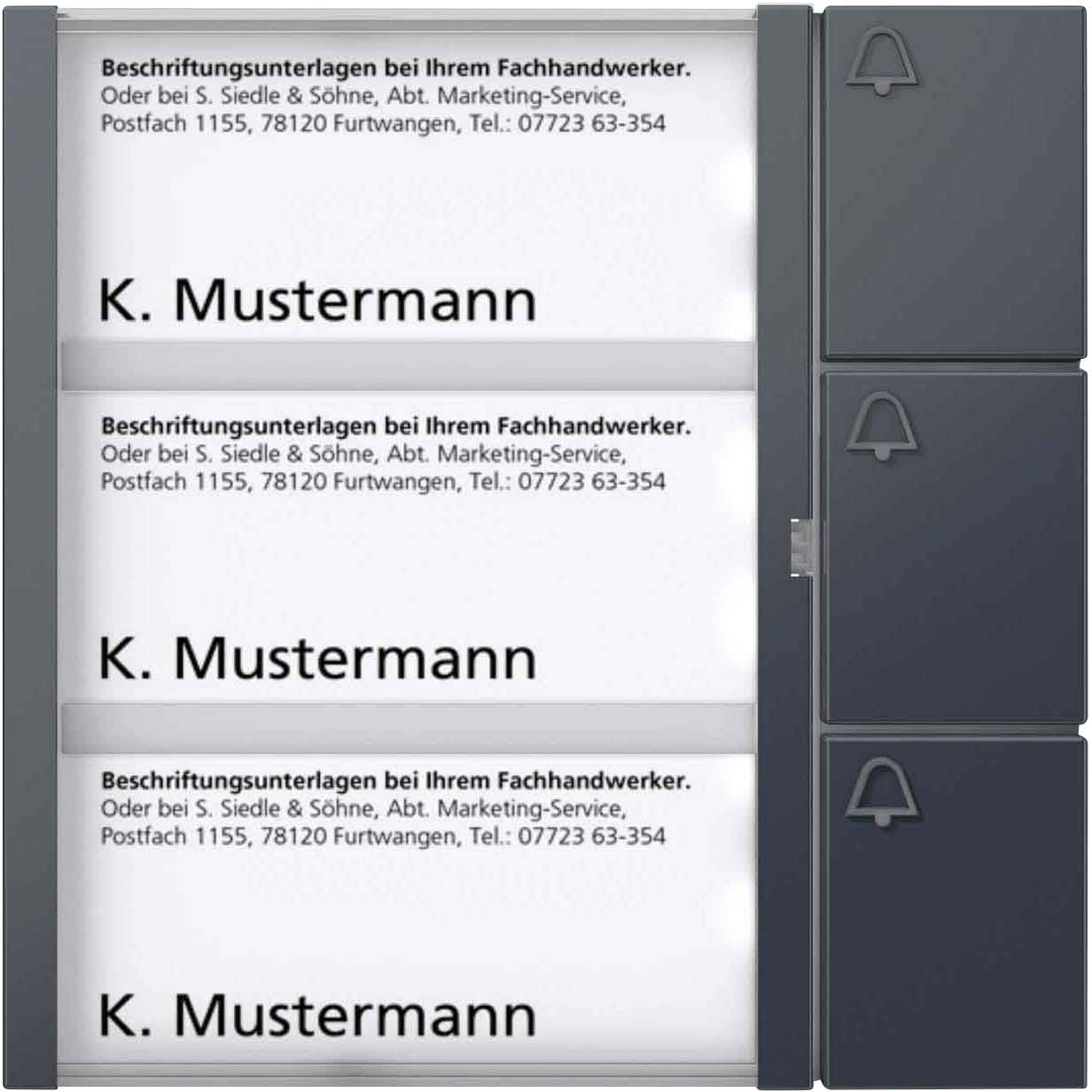 'Drie deurbellen met de naam K. Mustermann. Bovenaan staat: Opschriftenarchiefmateriaal bij uw vakhandelaar.'