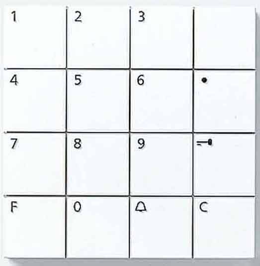 Een 4x4-codepaneel met cijfers en symbolen: 1-3, 4-6 met punt, 7-9, F, 0, driehoek, C. Rechterkant van symbolen en cijfers bezet.