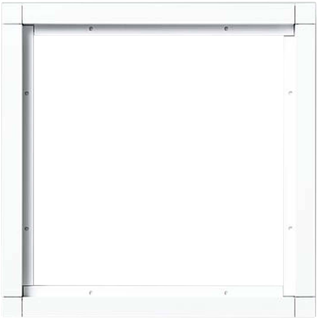 Een leeg, wit vierkant frame met schroeven aan de zijkanten.