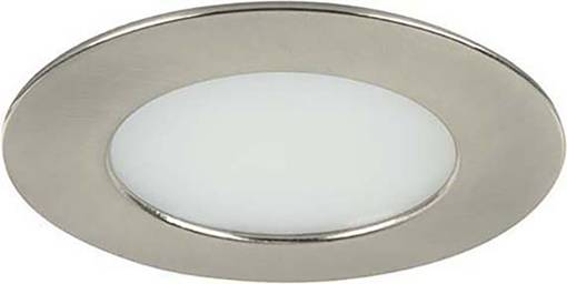 Ronde inbouwspot met zilveren rand en witte afdekking, vaak gebruikt voor plafondverlichting in moderne interieurs.