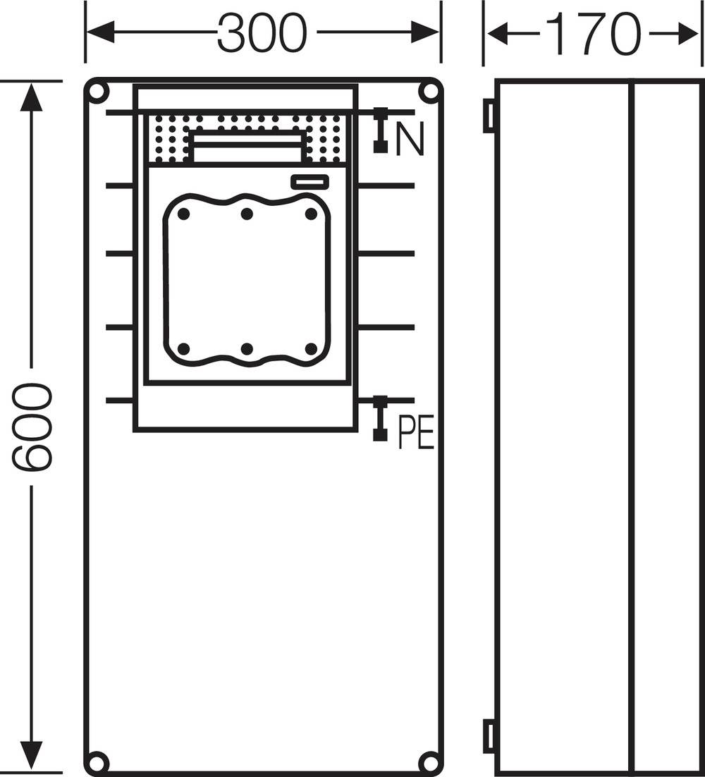 Technische tekening van een rechthoekige behuizing met afmetingen 300x170x600 mm. Toont voor- en zijaanzicht met aansluitingen IN, PE.