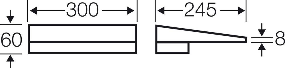 Technische tekening van een wig. Links: Rechthoek 300 mm lengte, 60 mm hoogte. Rechts: Wig 245 mm lengte, 8 mm punt.