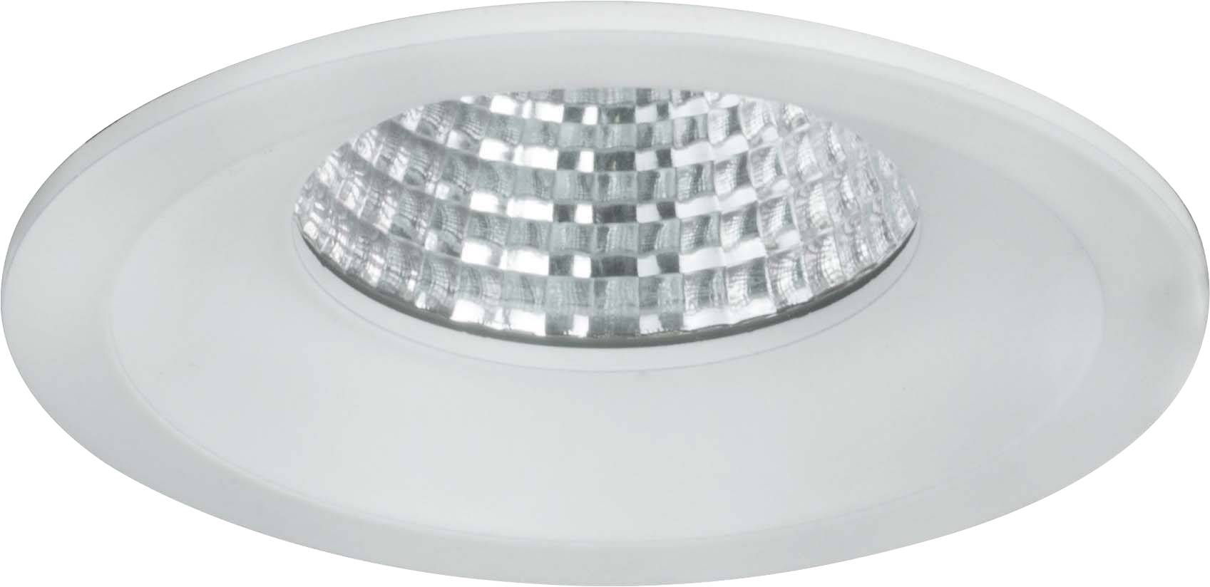 Inbouwspot met een rond, wit frame en reflecterende binnenkant. Gebruikt in plafonds voor binnenverlichting.