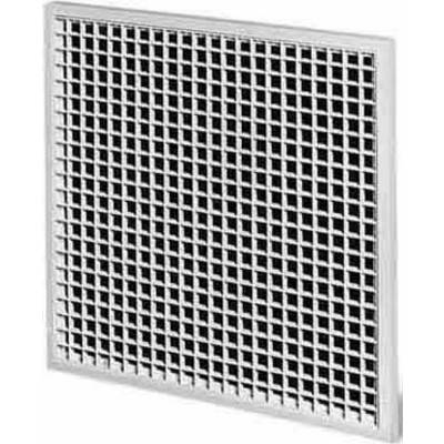 Vierkant ventilatierooster van metaal met kleine witte roosterspleten, geschikt voor luchtcirculatie in gebouwen.