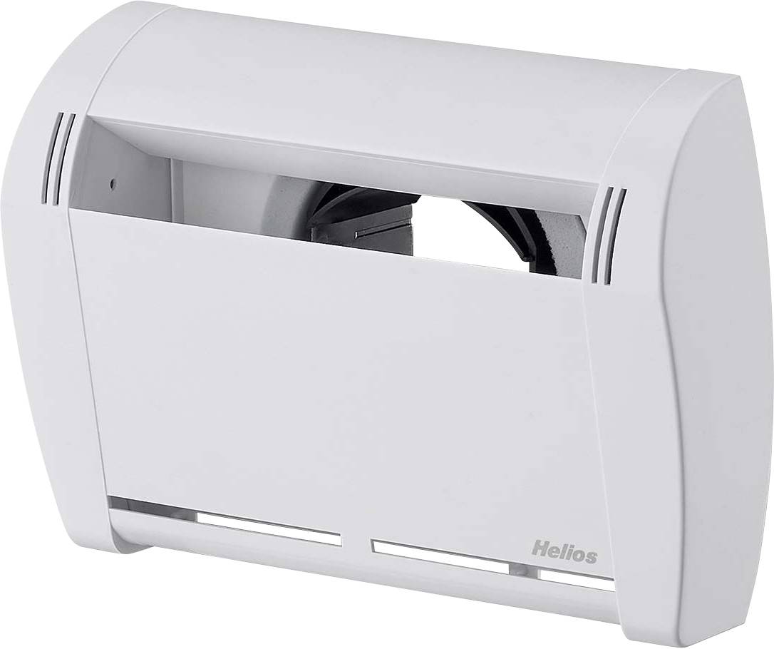 Witte wandventilatie-eenheid van Helios, rechthoekig met horizontale ventilatiesleuven, geschikt voor ventilatie van binnenruimtes.