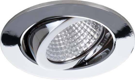 Ronde inbouwspot met glanzende, verchroomde rand en een verstelbare, roosterachtige reflector in het midden.