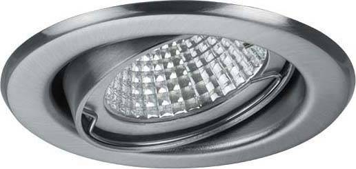 Ronde, inbouw plafondlamp van metaal met zilveren rand en gerasterde lens. Ideaal voor moderne interieurs.