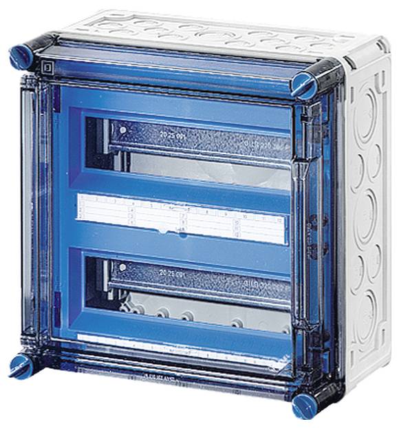 Veiligheidsbehuizing met een transparante, blauwe deksel, toont houders voor zekeringen of schakelapparatuur in een witte lijst.