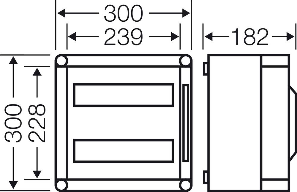 Technische tekening van een rechthoekige doos met afmetingen: 300x300 mm, 239 mm breedte, 182 mm diepte. Toont voor- en zijaanzicht.