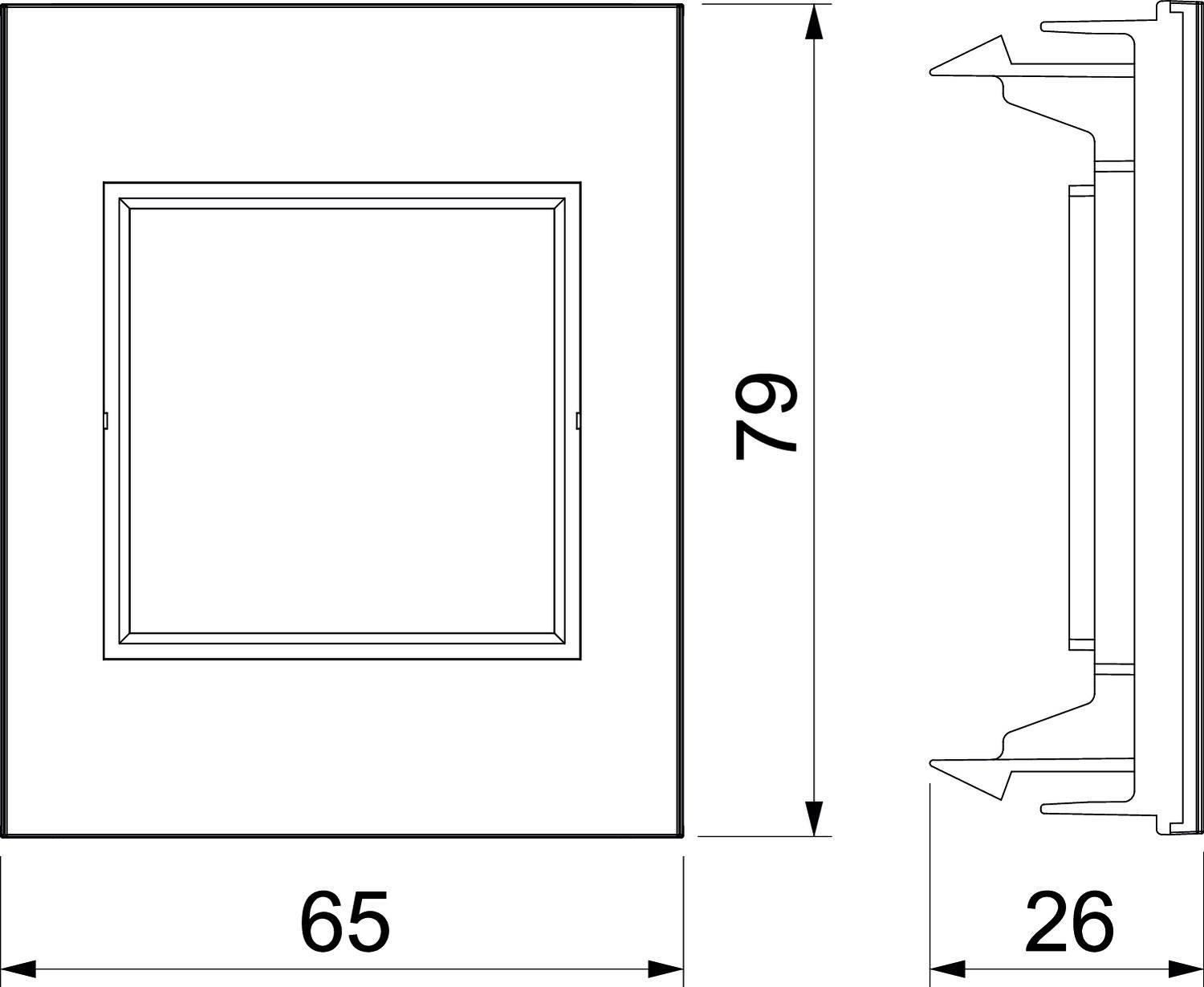 Technische tekening van een vierkante schakelaar met de afmetingen 65 mm breedte, 79 mm hoogte en 26 mm diepte, zij- en vooraanzicht.