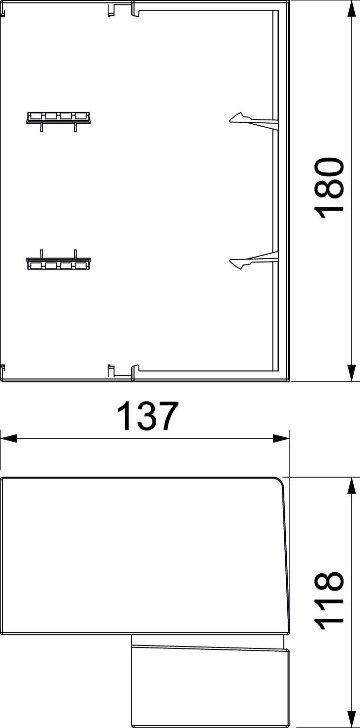 Technische tekening van een rechthoekige behuizing. Bovenaanzicht met twee bevestigingsbeugels, zijaanzicht met afmetingen: breedte 137, hoogte 180 en 118.