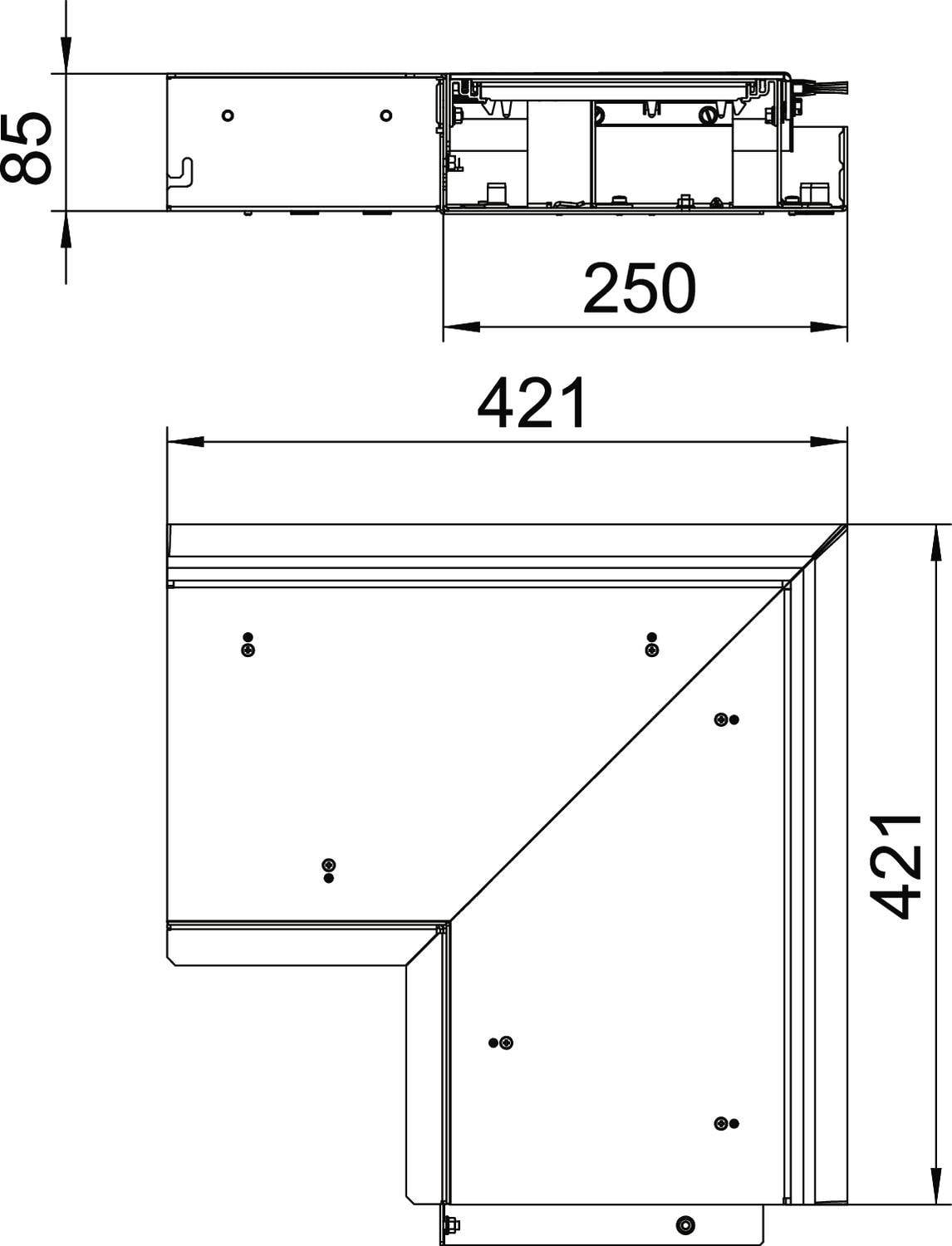 Technische tekening van een hoekschuifsysteem met afmetingen: hoogte 85 mm, lengte 250 mm, rechthoekige onderdelen met 421 mm x 421 mm.