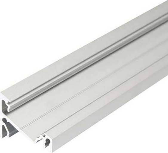 Aluminium L-profiel, zilverkleurig, met sleuf voor bevestiging.