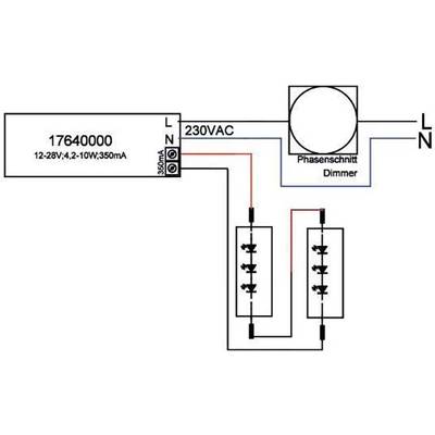 'Fase-aansnijding dimmer schakelschema' toont de bedrading van stroombron (17640000, 12-28V, 4.2-10W, 350mA) naar een dimmodule (230VAC).
