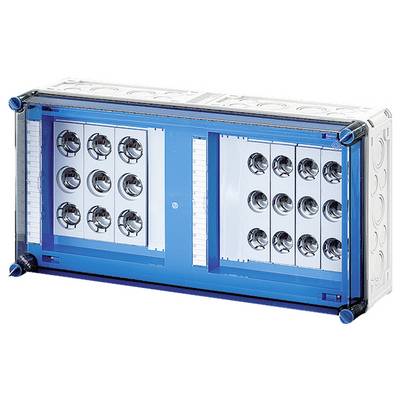 Een rechthoekige, blauw-witte behuizing met meerdere ronde openingen aan beide zijden, vermoedelijk voor bekabeling of montage.