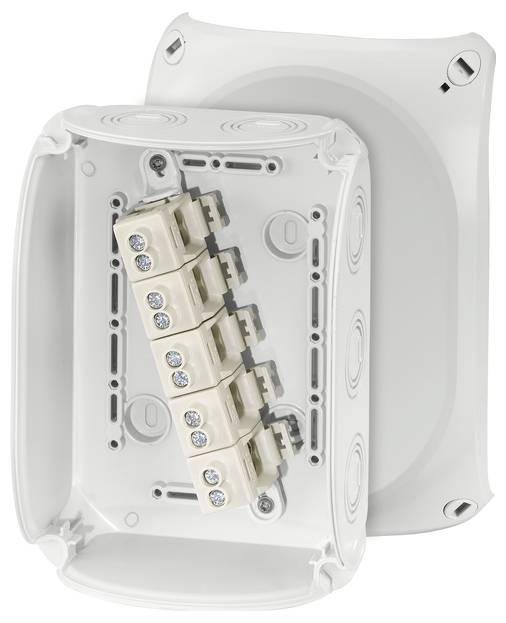 Witte elektrische installatiedoos met zes klemmen aan de binnenkant. Deksel ernaast, open. Geschikt voor elektrische bedrading en aansluitingen.