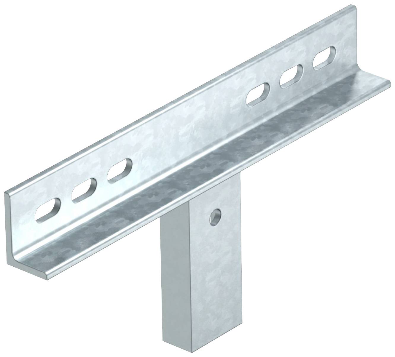 Metalen rail met rechthoekige bevestiging, aan de zijkant meerdere sleuven. Wordt gebruikt voor bevestiging of verbinding in mechanische constructies.