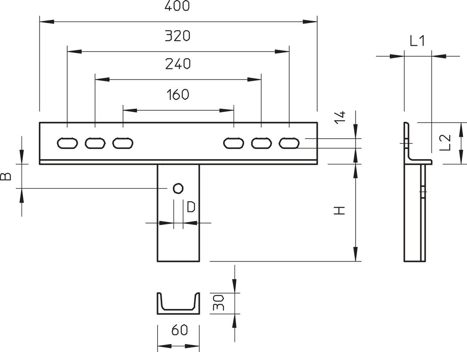 Technische tekening van een bevestigingshoek met afmetingen. Toont lengte-, breedte- en hoogte-aanduidingen evenals openingen en ondersteuningsdetails.