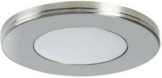 Een ronde, platte LED-plafondspot met zilveren rand en witte diffuser, geschikt voor gelijkmatige ruimteverlichting.