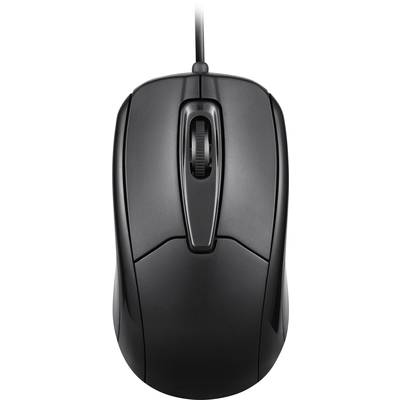 Zwarte computermuis met kabel, zichtbaar scrollwiel en ergonomisch ontwerp. Bovenaanzicht.