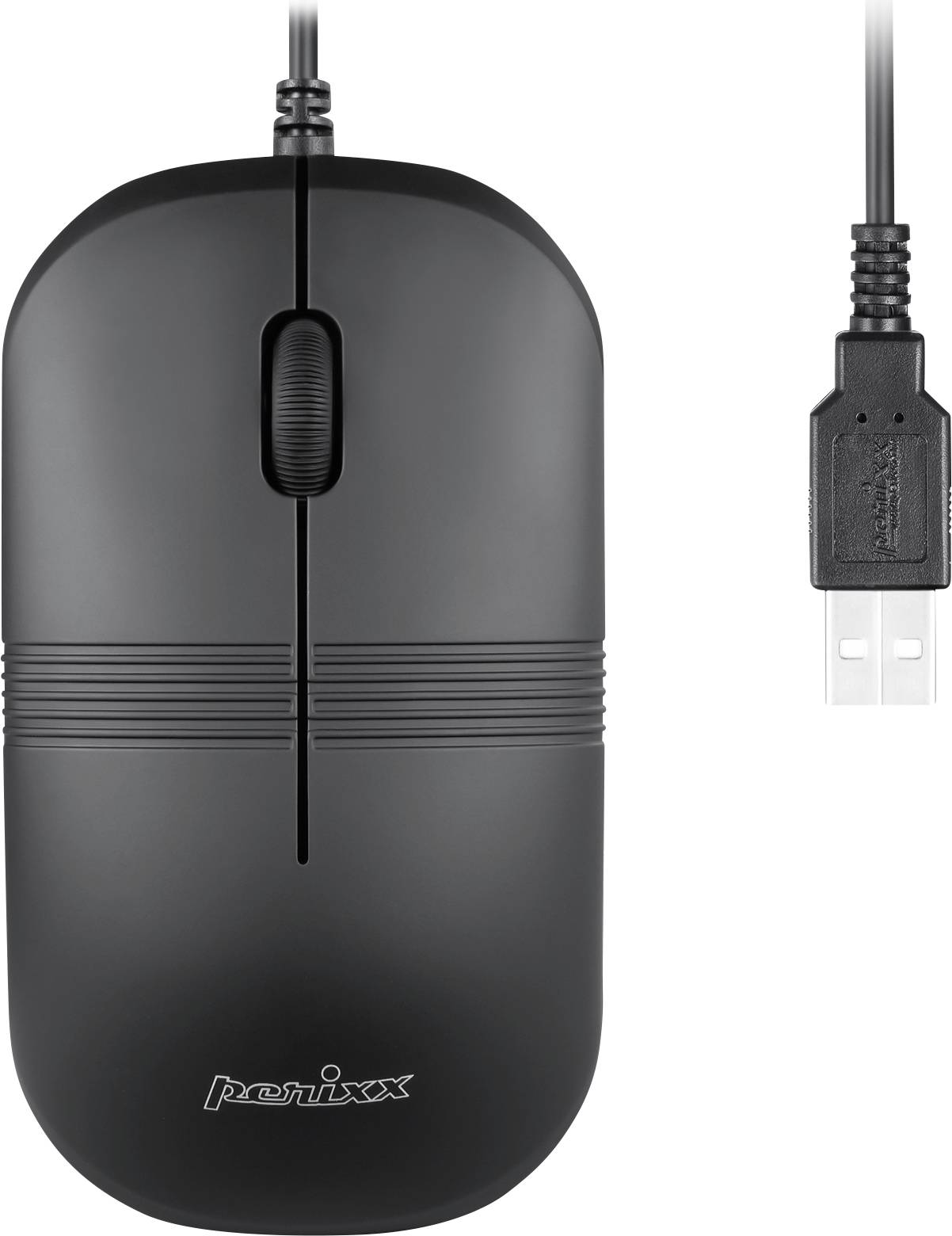 Zwarte bedrade computermuis met USB-aansluiting en scrollwiel.