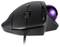 Een zwarte ergonomische trackball-muis met een paarse trackball aan de linkerkant en een kabelaansluiting aan de voorkant. Ideaal voor nauwkeurige cursorbesturing.