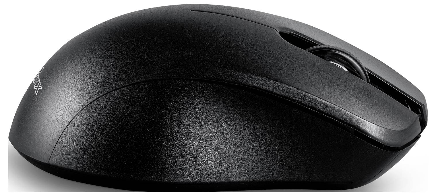 Zwarte, draadloze computermuis met ergonomisch ontwerp, zijaanzicht.