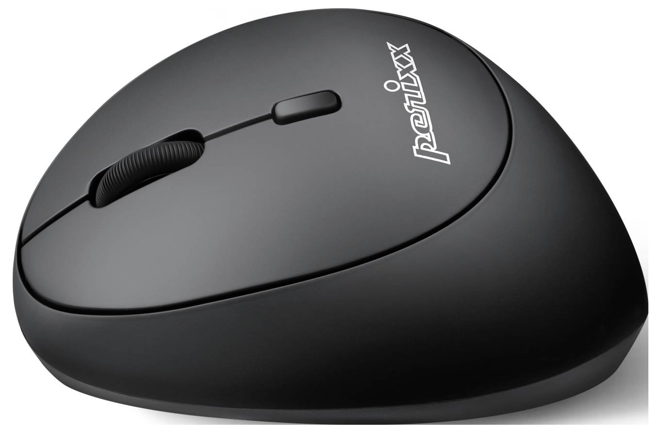 Verticale ergonomische computermuis in het zwart van Perixx, die de belasting op de pols vermindert.