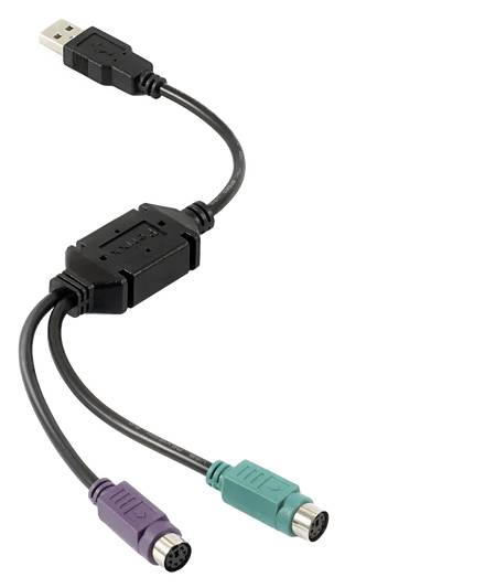 Adapterkabel met een USB-stekker aan de ene kant en twee PS/2-aansluitingen (paars en groen) aan de andere kant voor toetsenbord en muis.