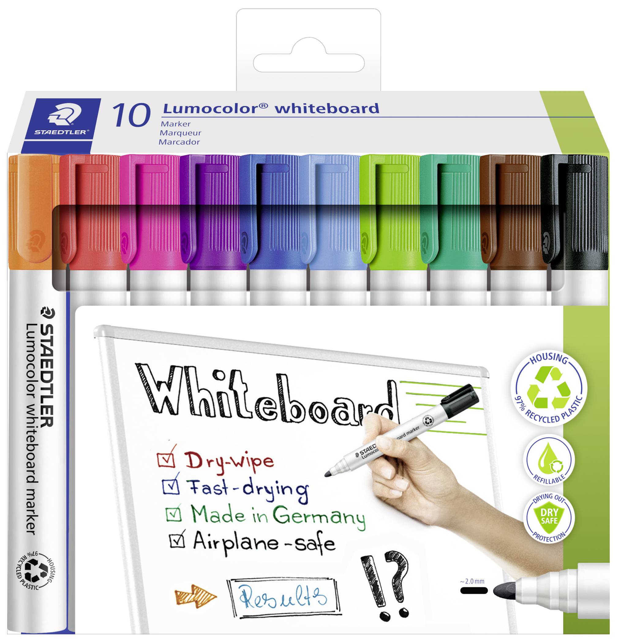 'Een set van 10 gekleurde whiteboardstiften. De verpakking toont stiften in verschillende kleuren met sneldrogende en vliegtuigveiligheidsinstructies.'