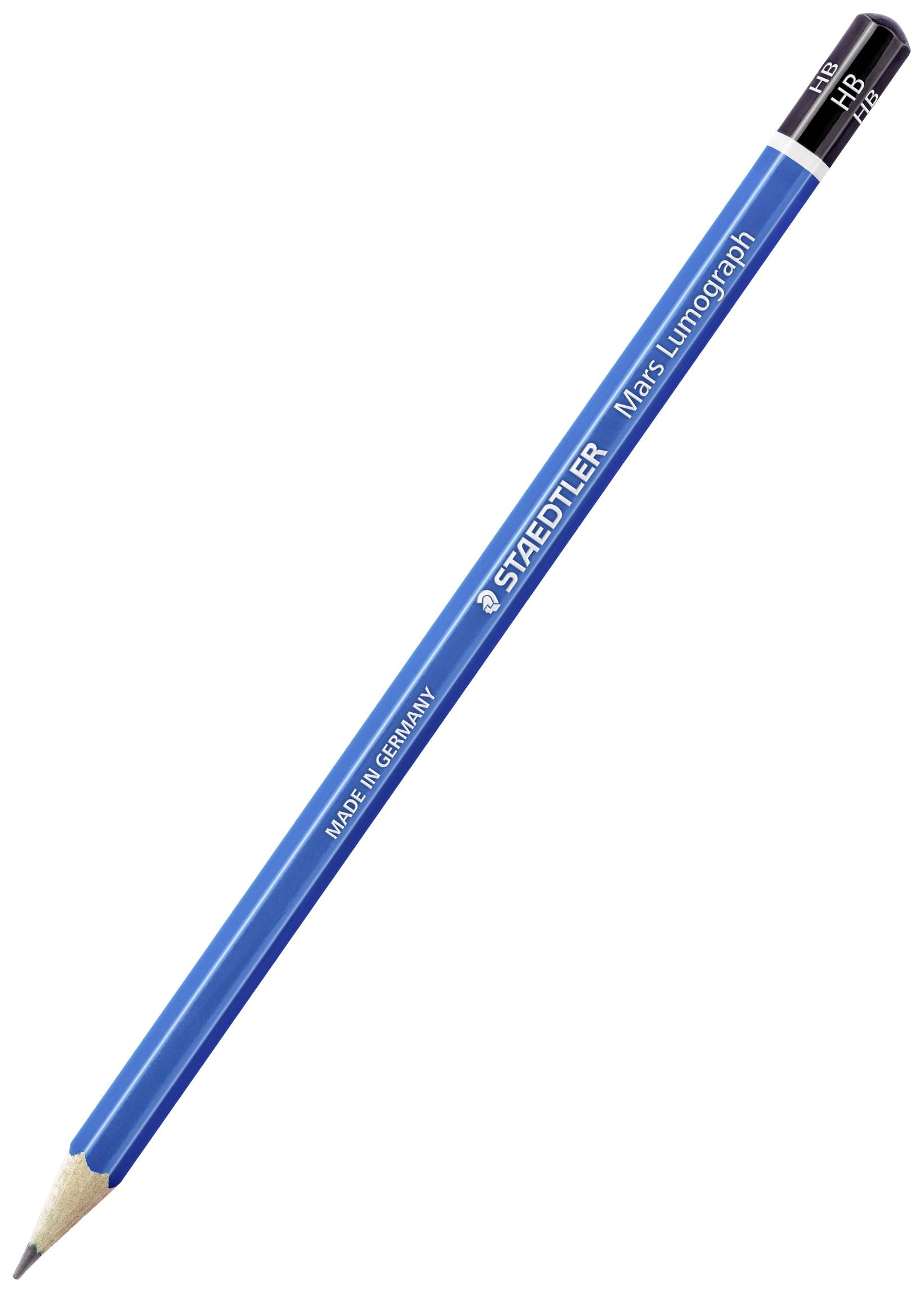 Een blauwe Staedtler Mars Lumograph potlood met hardheid 'HB'.