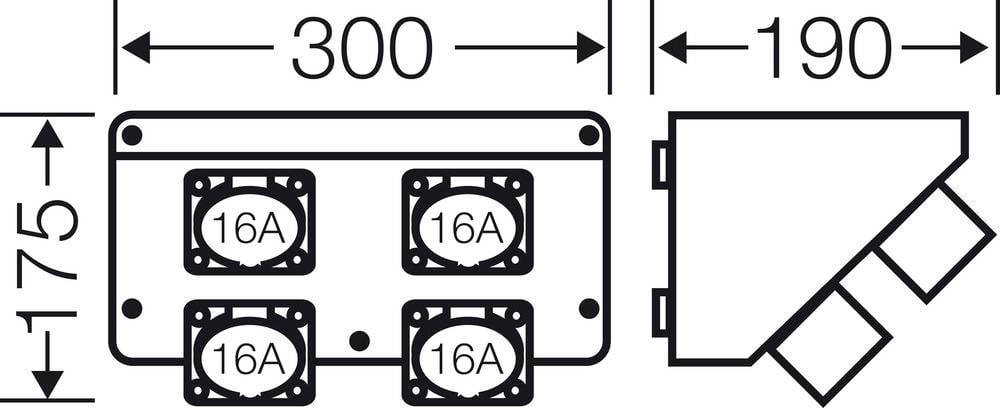 Diagram van een stekkerdoos met vier 16A-stopcontacten. Afmetingen: 300 mm breedte, 190 mm diepte, 175 mm hoogte. Bevat zijaanzicht.