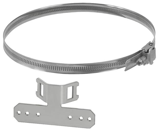 Metalen slangklem met bevestigingsclip, geschikt voor montage op buizen of slangen, maakt stabiele bevestiging van componenten mogelijk.